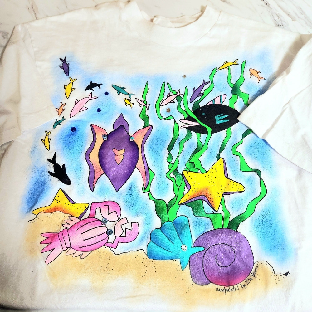 Vintage 1990s Handpainted Colorful Ocean T-Shirt By I'm Yours